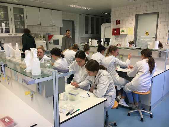 Schülerinnen bei der praktischen Arbeit im Labor