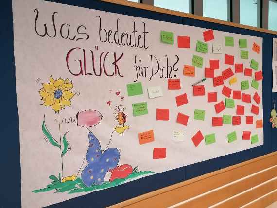 Plakat im Internat, worauf persönliche Glücksverstärker notiert werden können