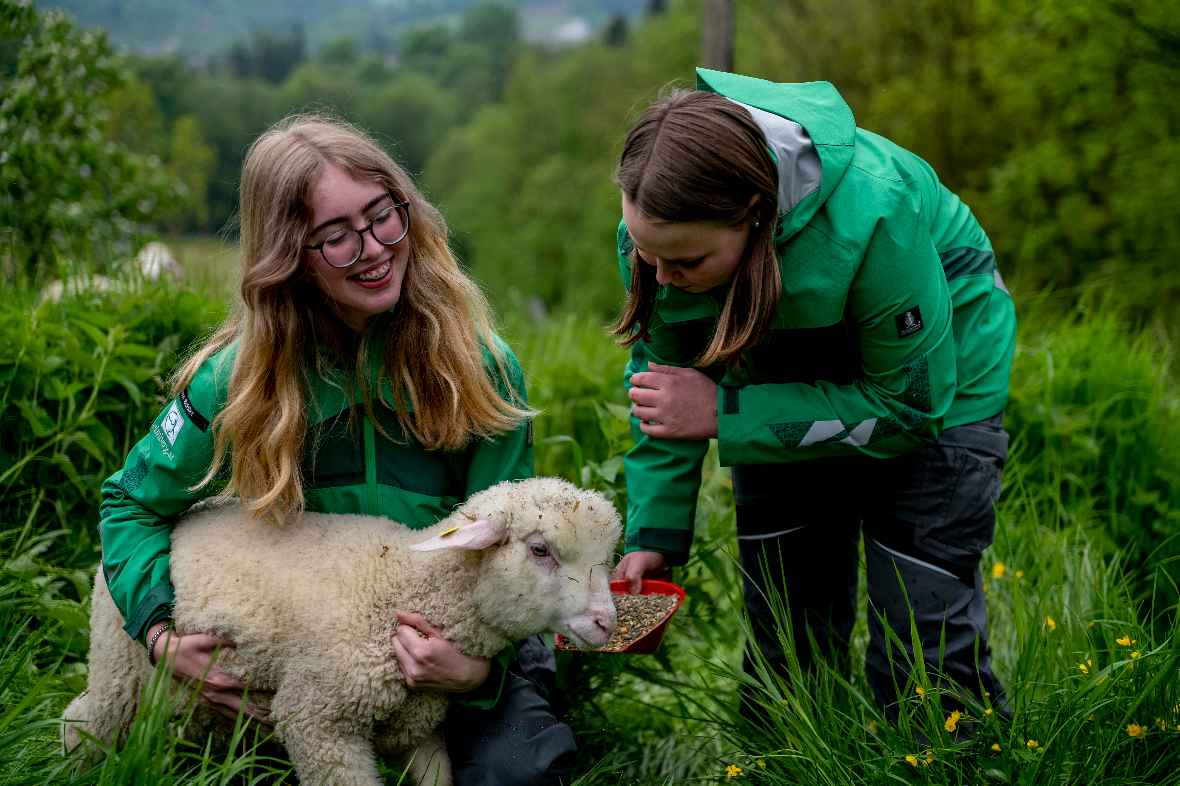 Zwei Schülerinnen mit einem Lamm